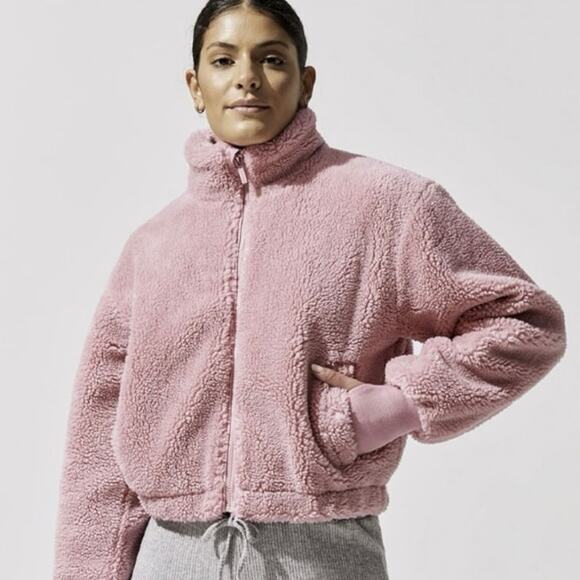 Carbon38 Pink Teddy Fleece Zip Oversized Jacket XS Cozy Sherpa Cropped High Neck - Picture 1 of 8